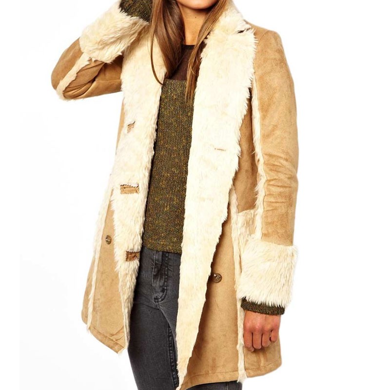 Camel Brown Shearling Coat Womens | Double Breasted Leather Coat