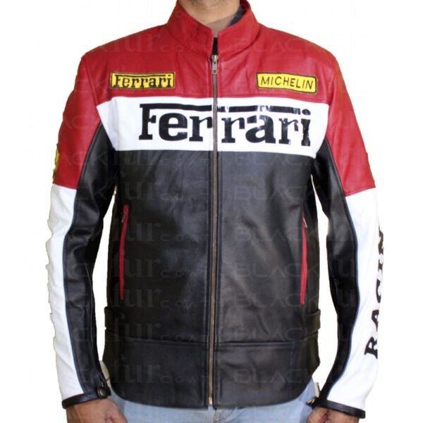 Ferrari Red & Black Motorcycle Leather Jacket For Sale
