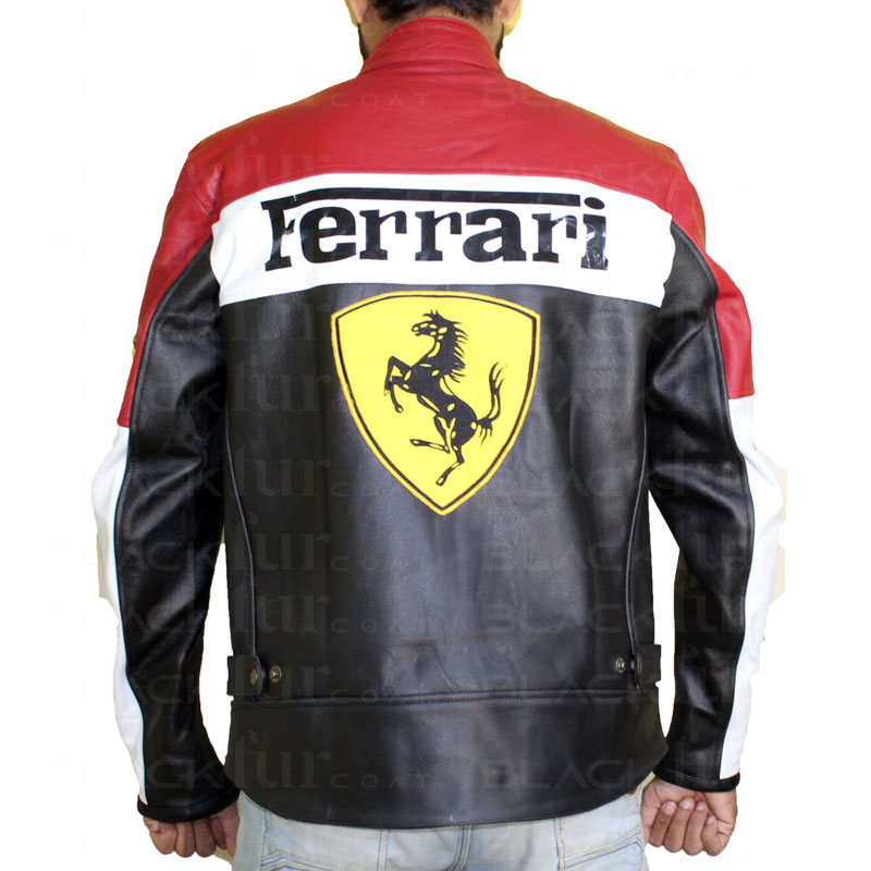 Ferrari Red & Black Motorcycle Leather Jacket Men For Sale