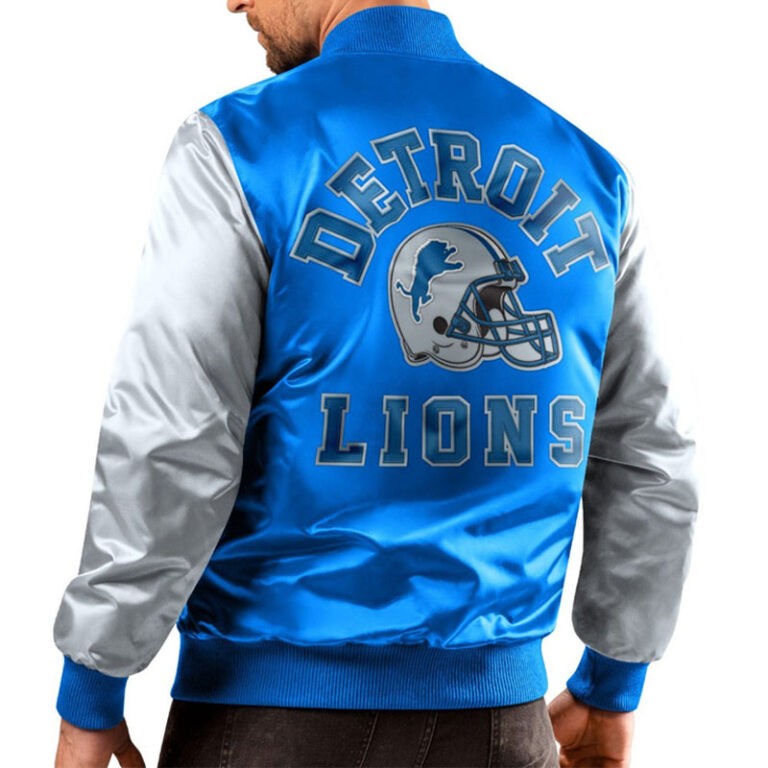 Detroit Lions Blue and Grey Varsity Satin Bomber Jacket